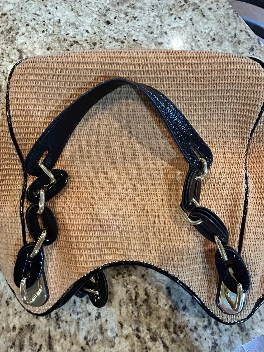 Michael Kors Straw Shoulder Purse in Tan with Black Chain handles. Nice